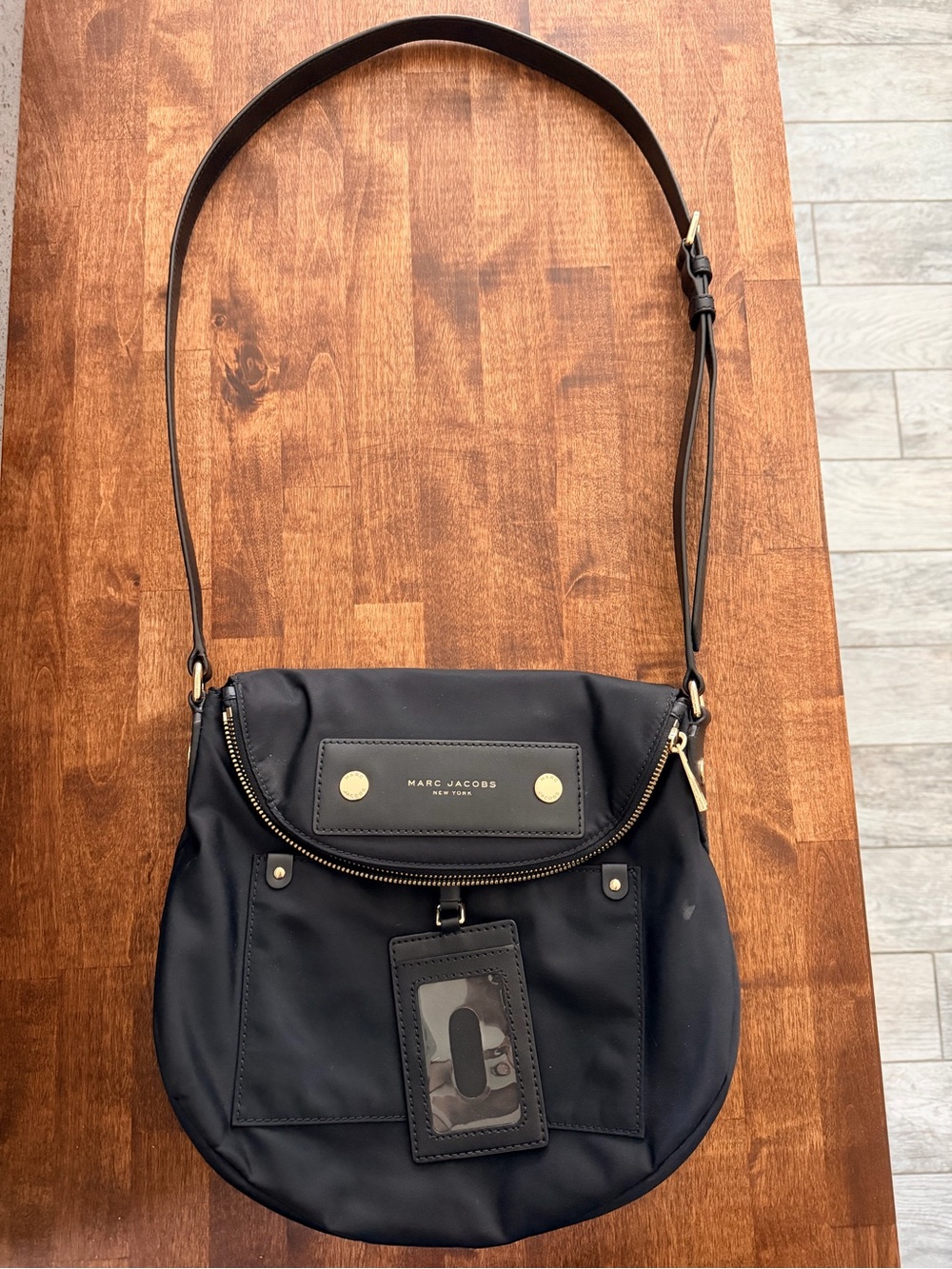 Marc Jacobs Black Nylon Crossbody Bag with Gold Hardware and Leather Strap